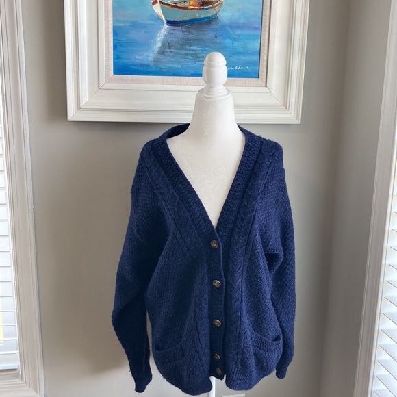 United Colors Of Benetton Vintage Navy Shetland Wool Boyfriend Cardigan Sz 46